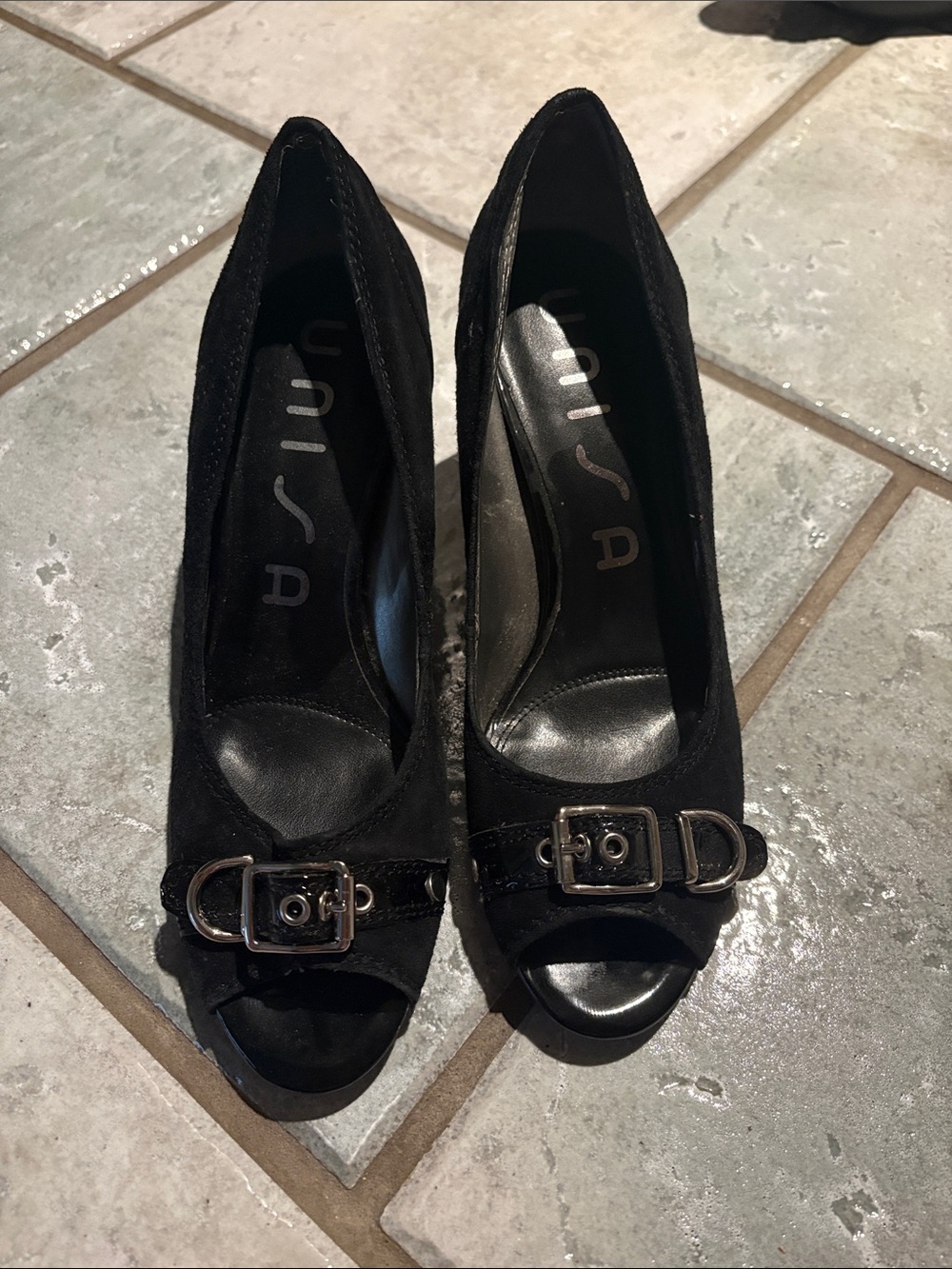 Unisa Black Suede Peep-Toe Heels with Buckle Accent